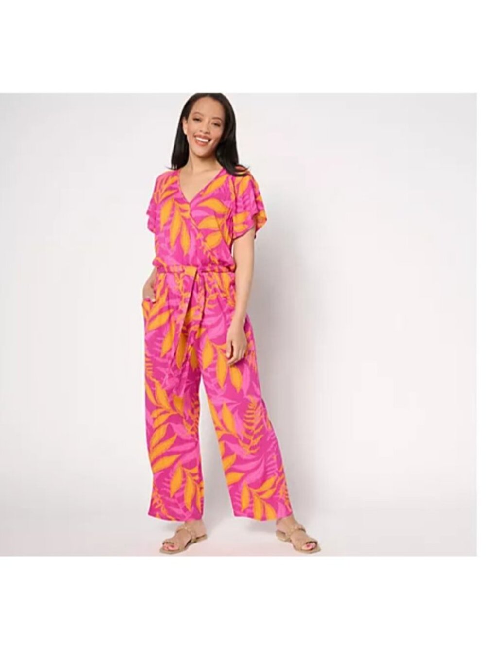 Anybody Women Jumpsuit sz PL Petite Wide Leg Faux Wrap Vacation Fuchsia A647639
